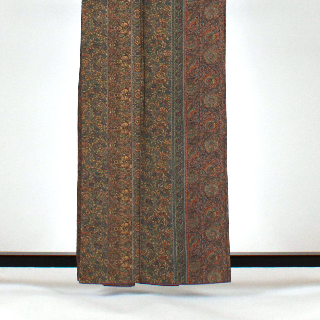 小紋 身丈162cm 裄丈64cm 袷 更紗模様 洗える着物 ポリ Sランク 茶系 1115001002314