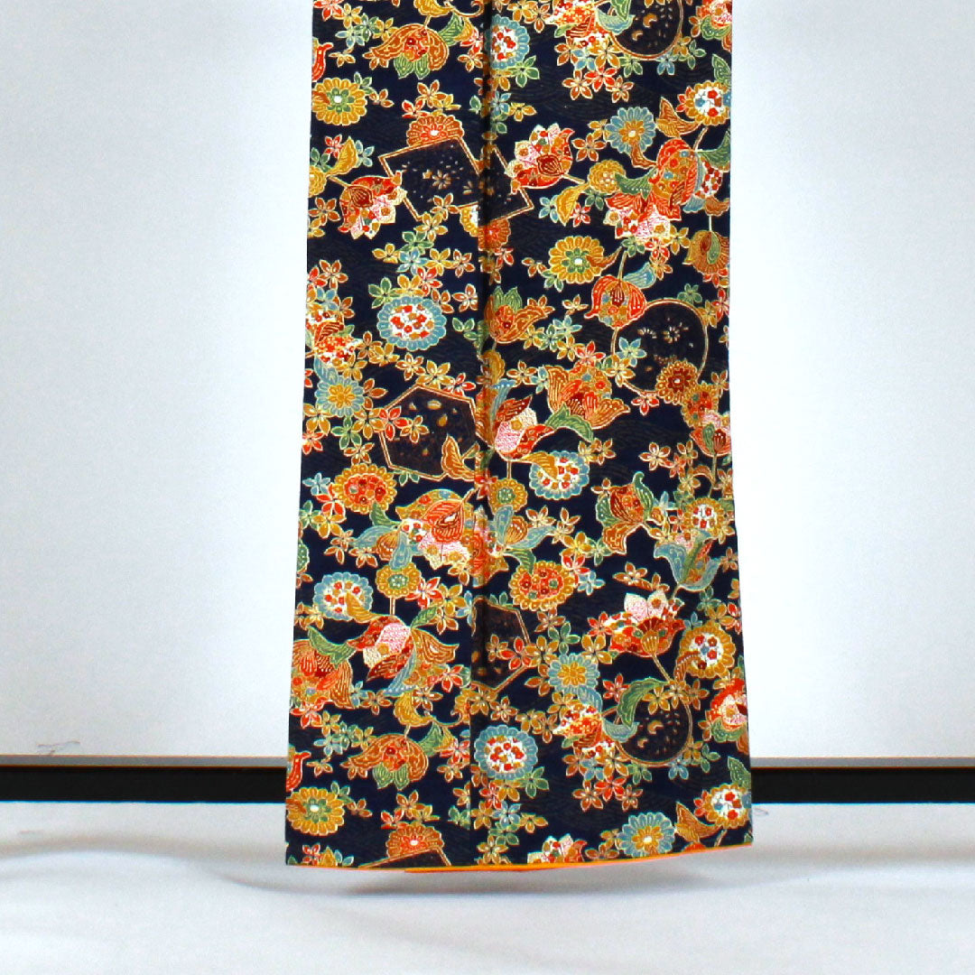 小紋 身丈162.5cm 裄丈63.5cm 袷 草花模様 正絹 Sランク 紺系 1115001422418
