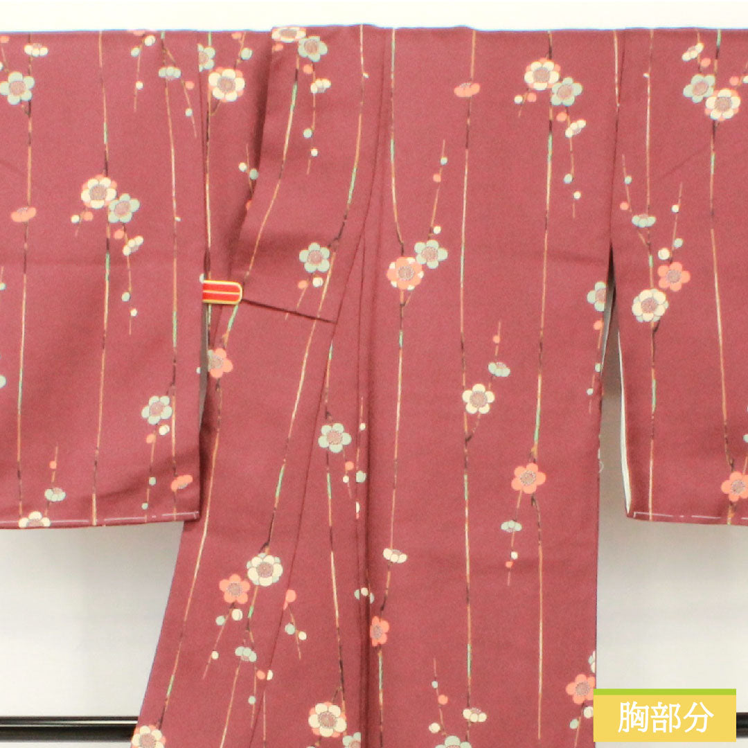 小紋 ポリエステル 身丈162cm 裄丈65.5cm 袷 紫土色(しどいろ) 洗える着物 梅 しつけ糸付き Aランク 紫系 1115004853420