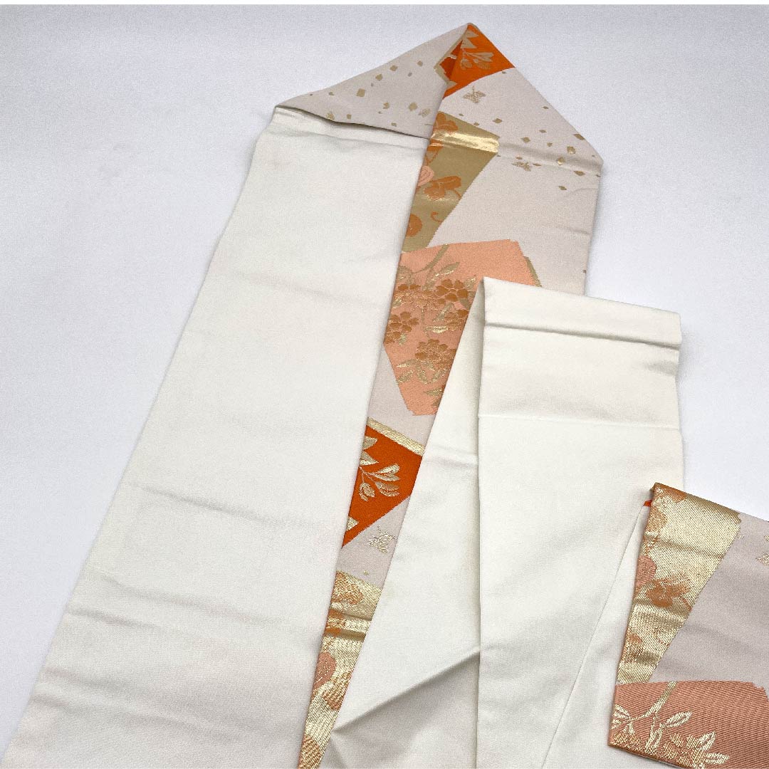 Nagoya obi, chalk color, floral pattern, obi length 356cm, poly, S rank, six-pass, semi-formal, white, 1124003372311, Nagoya style