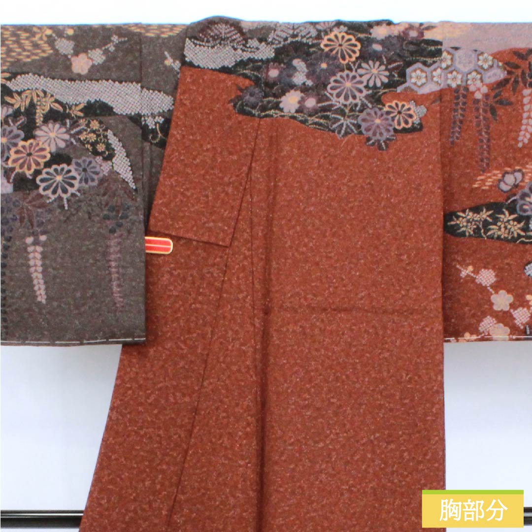 訪問着 正絹 Sランク 袷 身丈153cm 裄丈63cm 消炭色(けしずみいろ) 朱殷色(しゅあんいろ) 京友禅 絞り 銀通し 古典柄 マルチカラー 1112007702228