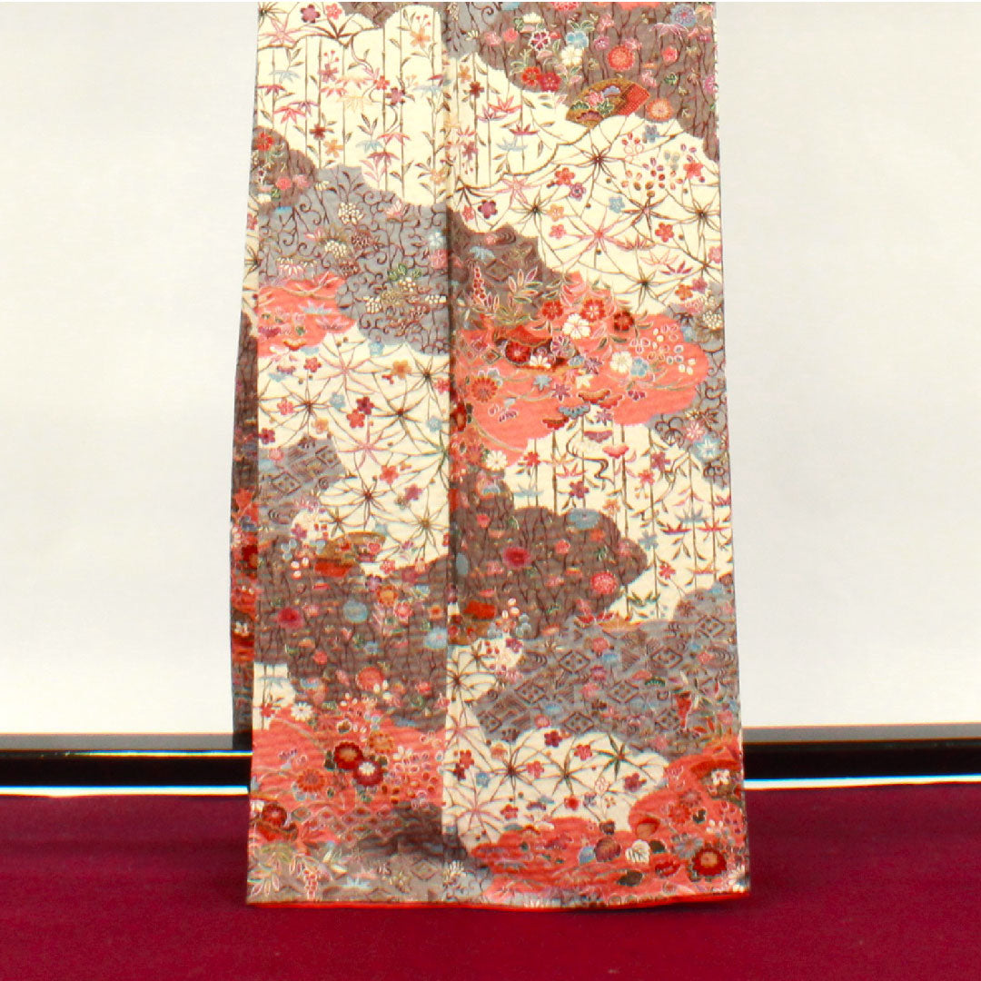 Komon, Length 164.5cm, Sleeve length 63cm, Awase, Neri-iro, Floral pattern, Pure silk, S rank, Cream color, 1115002832415
