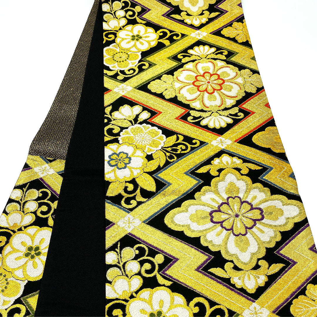 Fukuro Obi for Furisode, Matsukawabishi, Flower Pattern, Length 440cm, Pure Silk, S Rank, Six-way, Formal, Black, 1123004512310