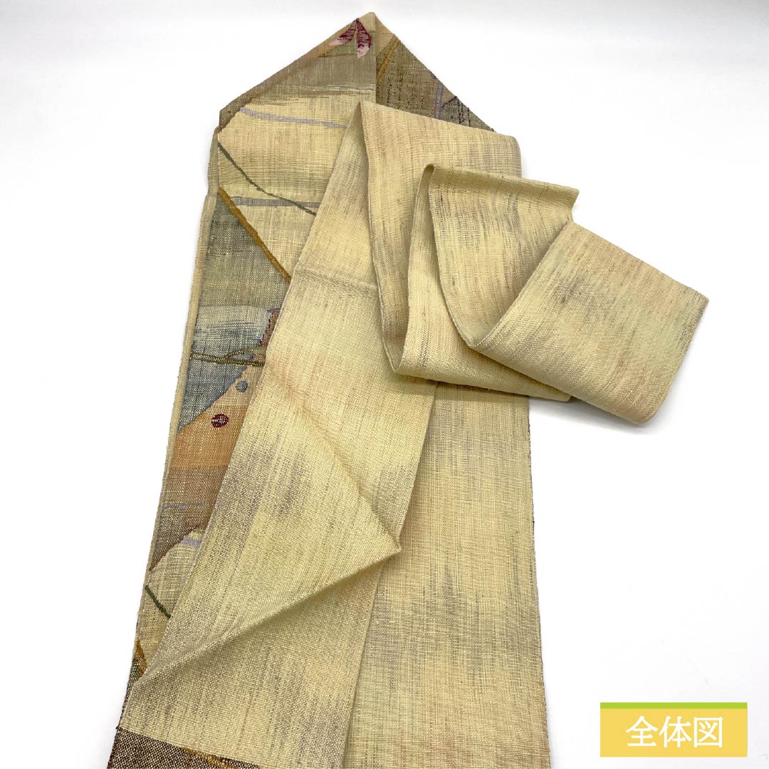 Nagoya obi, Torinoko color, Tsumugi fabric, abstract floral pattern, geometric pattern, obi length 368cm, pure silk, S rank, six-pass, casual, beige, 1124008232325, Nagoya style