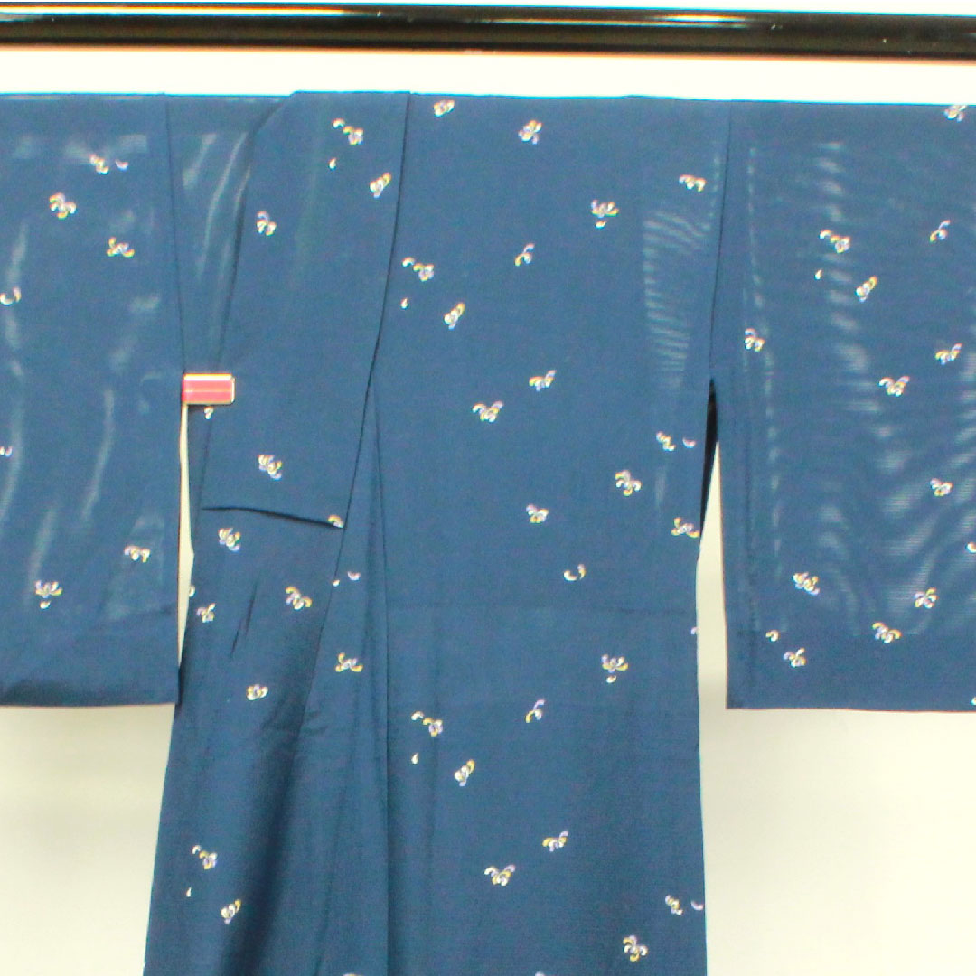 夏物 正絹 小紋 身丈160cm 裄丈67cm 濃紺色(のうこんいろ) 菊の花びら 絽 Aランク 紺系 1132000523418