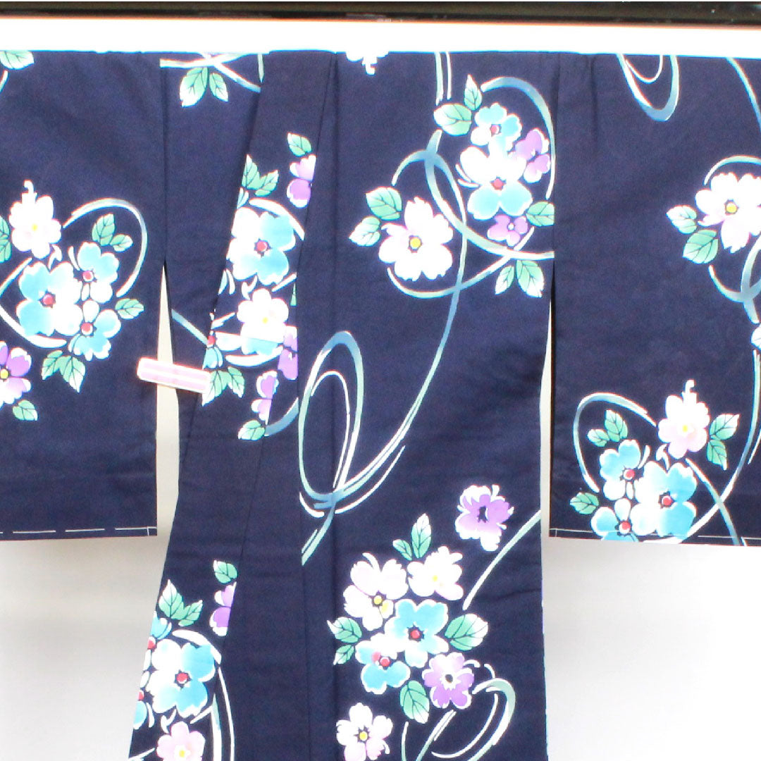 Yukata with basting thread, unused, dark navy blue, abstract flower, cotton, S rank, single layer, length 164cm, sleeve length 67cm, navy blue, 1118003432418