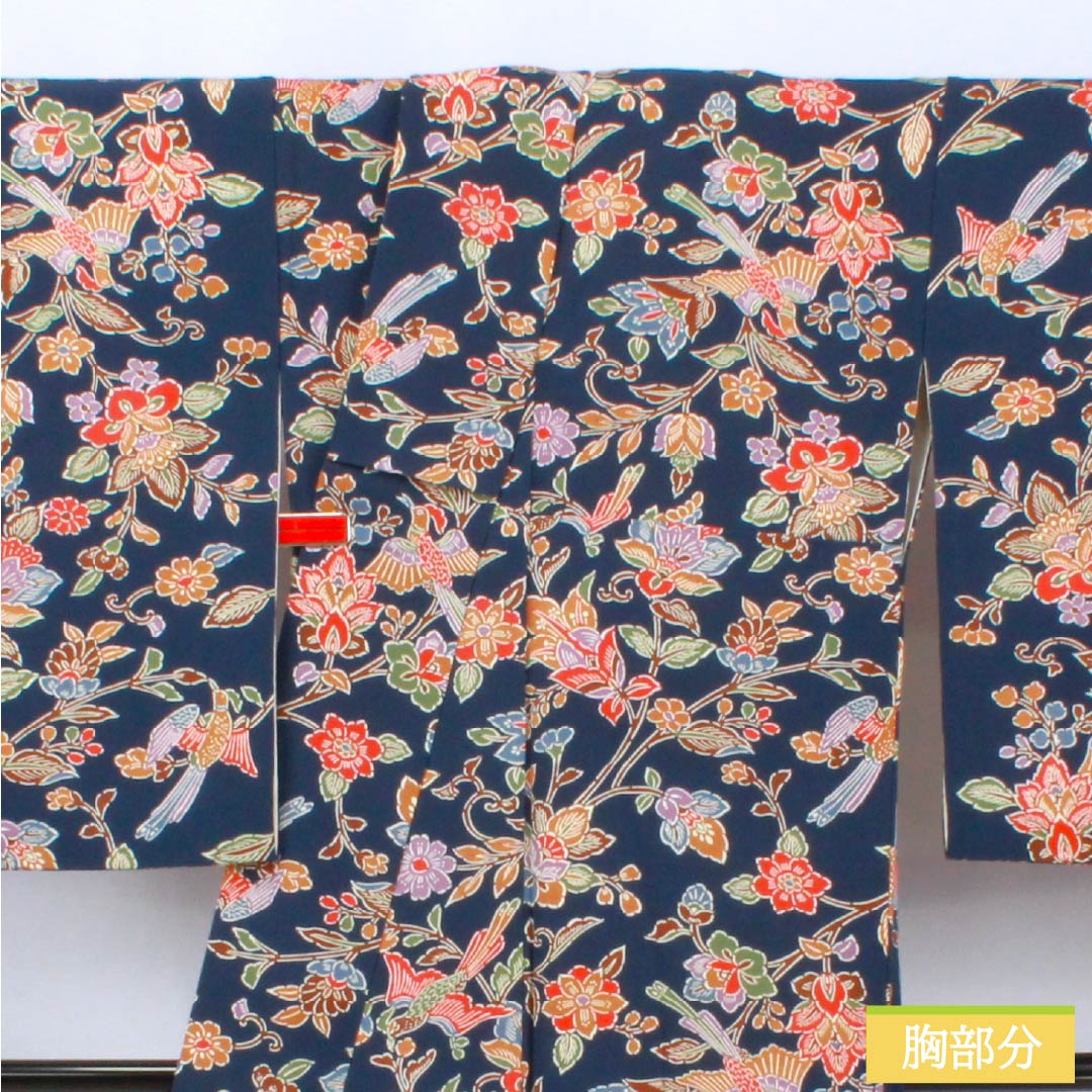 小紋 正絹 Sランク 身丈163cm 裄丈67cm 袷 紺色(こんいろ) 京紅型 草花 鳥 紺系 1115007092418