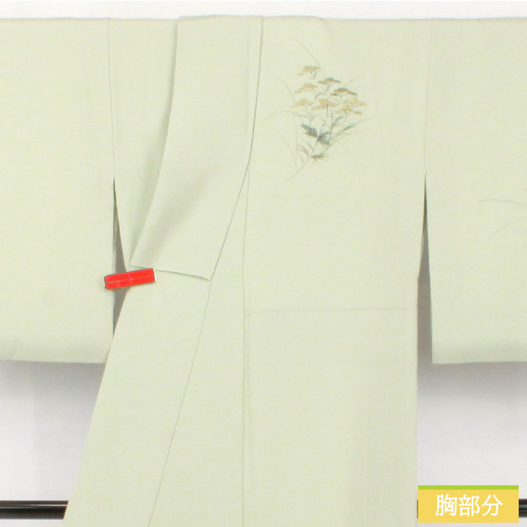 訪問着 正絹 袷 身丈155cm 裄丈65cm 白緑色(びゃくろくいろ) 草花模様 スコッチガード 付下げ Aランク 水色系 1112005453324
