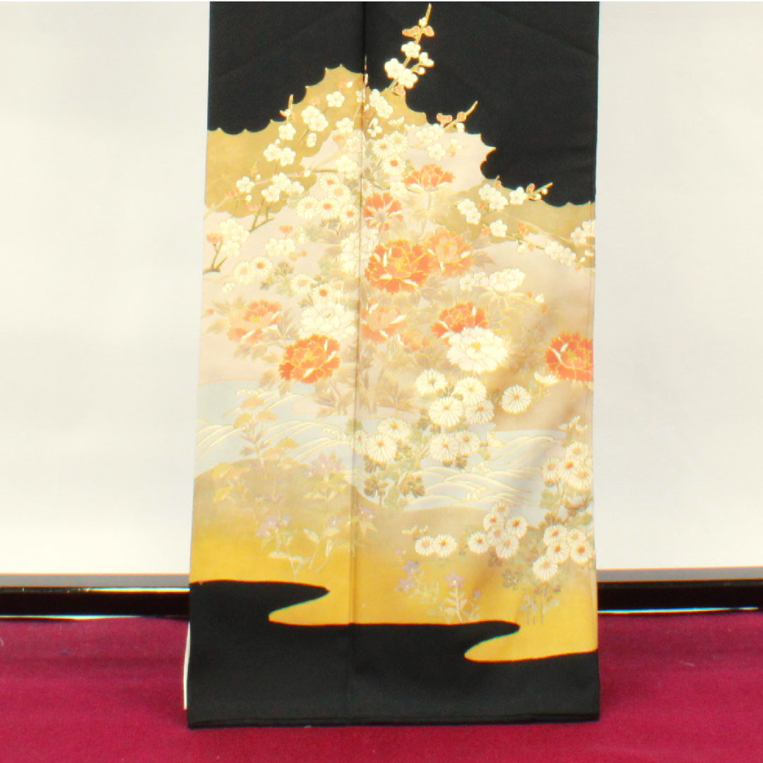 Black Tomesode, Length 166cm, Sleeve Length 66.5cm, Awase, Kyoto Yuzen, Floral Pattern, Katabami, Pure Silk, A Rank, Five Crests, Black, 1111000743510