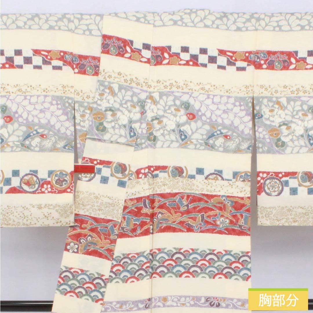 Homongi Silk S-rank Awase Length 156.5cm Sleeve-to-sleeve 63.5cm Neri-iro Kyo-Yuzen Horizontal stripes Classic pattern Cream 1112007712315