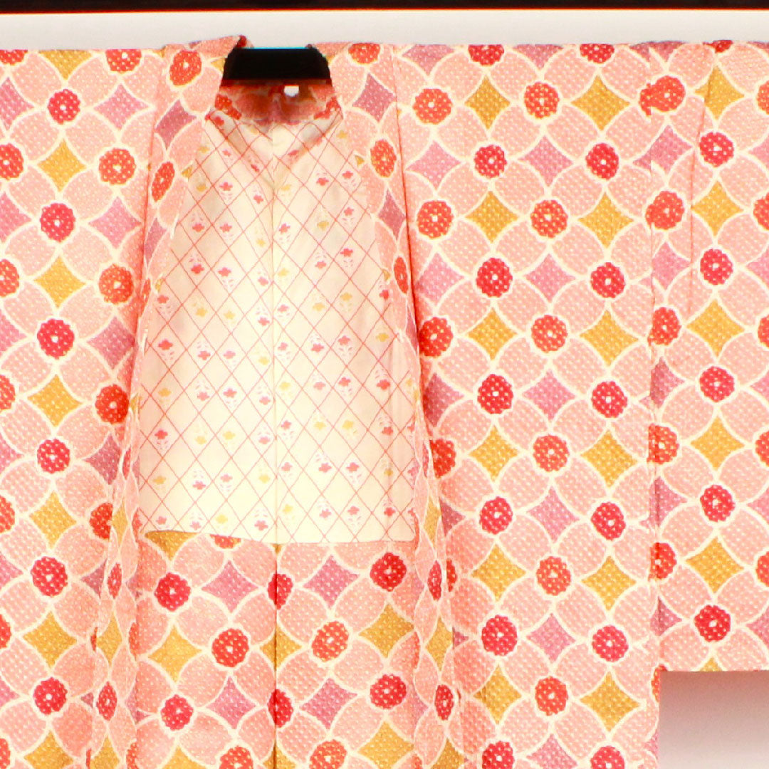 Haori, Length 82cm, Sleeve length 62.5cm, Medium crimson, Shibori, Geometric pattern, Pure silk, A rank, Lined, Pink, 1117000263913