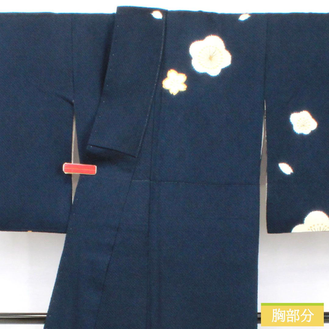 Homongi, pure silk, lined, length 162.5cm, sleeve length 62cm, navy blue, plum, cherry blossom, B rank, navy blue, 1112005634418