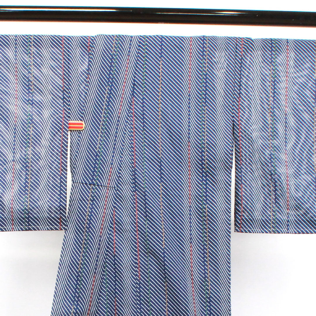 夏物 ポリエステル 小紋 身丈170.5cm 裄丈65cm 紺桔梗色(こんききょういろ) 幾何学模様 洗える着物 しつけ糸付き 絽 Sランク 紺系 1132001552618