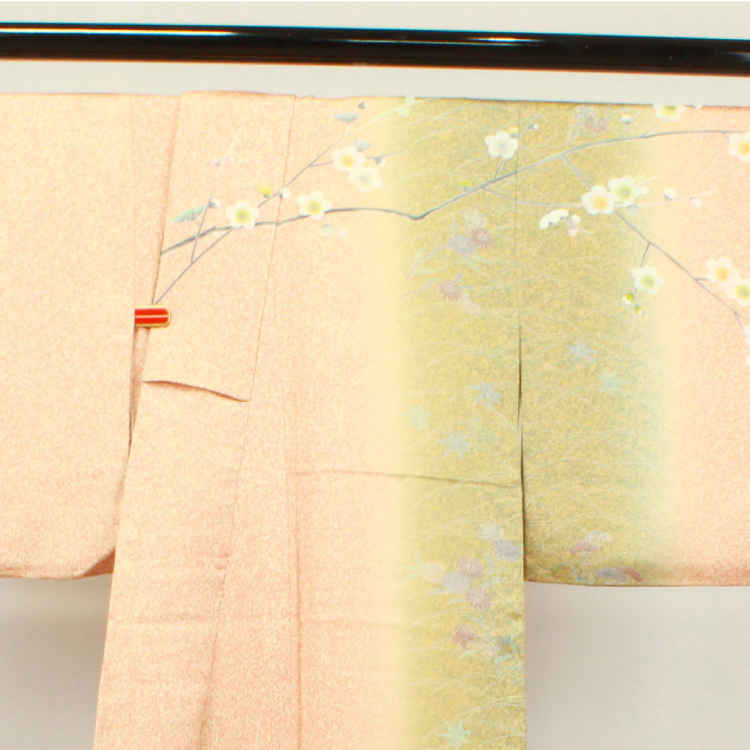 訪問着 正絹 袷 身丈163.5cm 裄丈64cm 朱華色 タタキ染 梅 菊 作家物 Sランク 朱系 1112003252416
