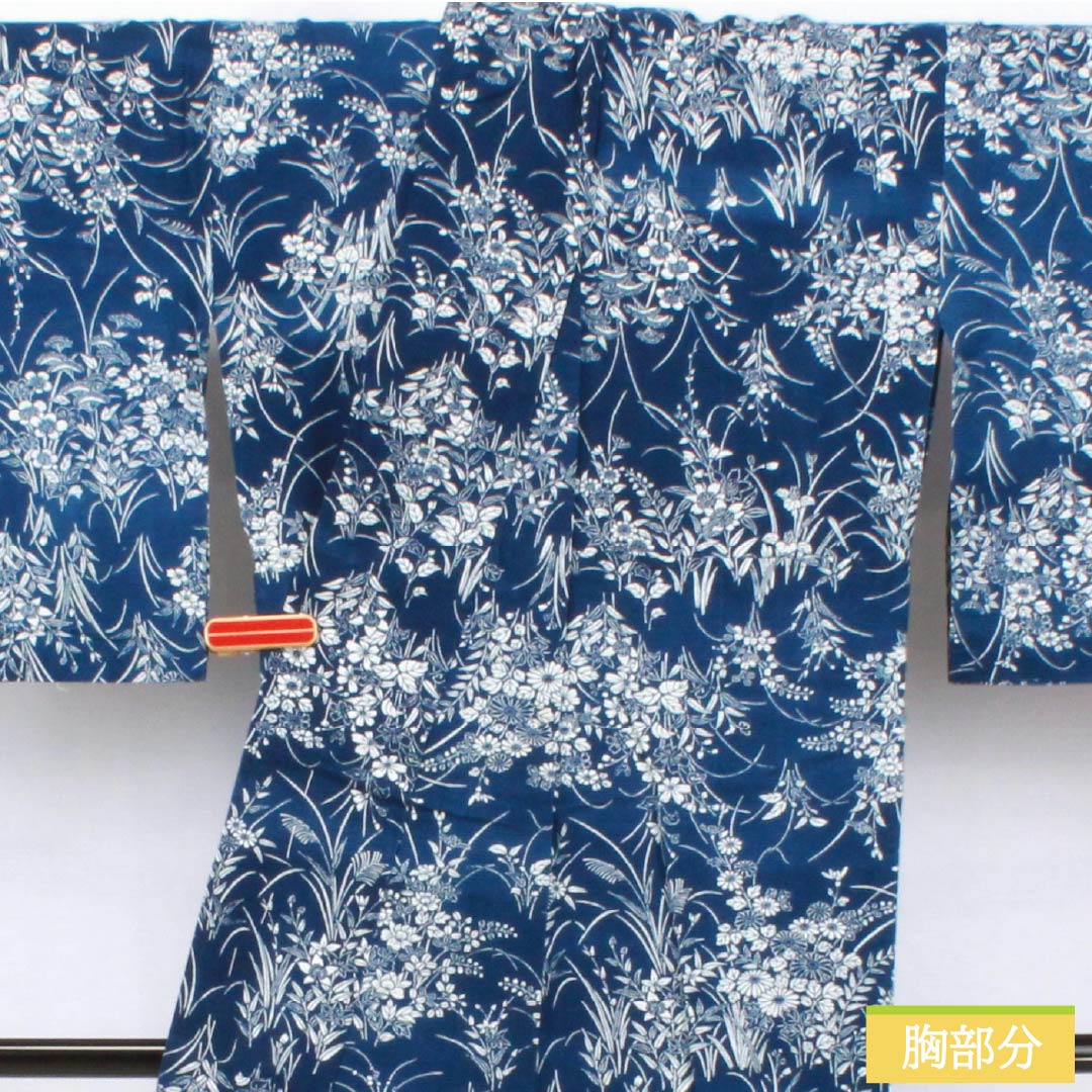 Cotton Yukata (Japanese summer kimono), Length 149cm, Sleeve Length 63.5cm, S Rank, Navy Blue with Indigo and Bellflower Pattern, Cotton Ro, All-over Floral Pattern, Product Number: 1118006352118