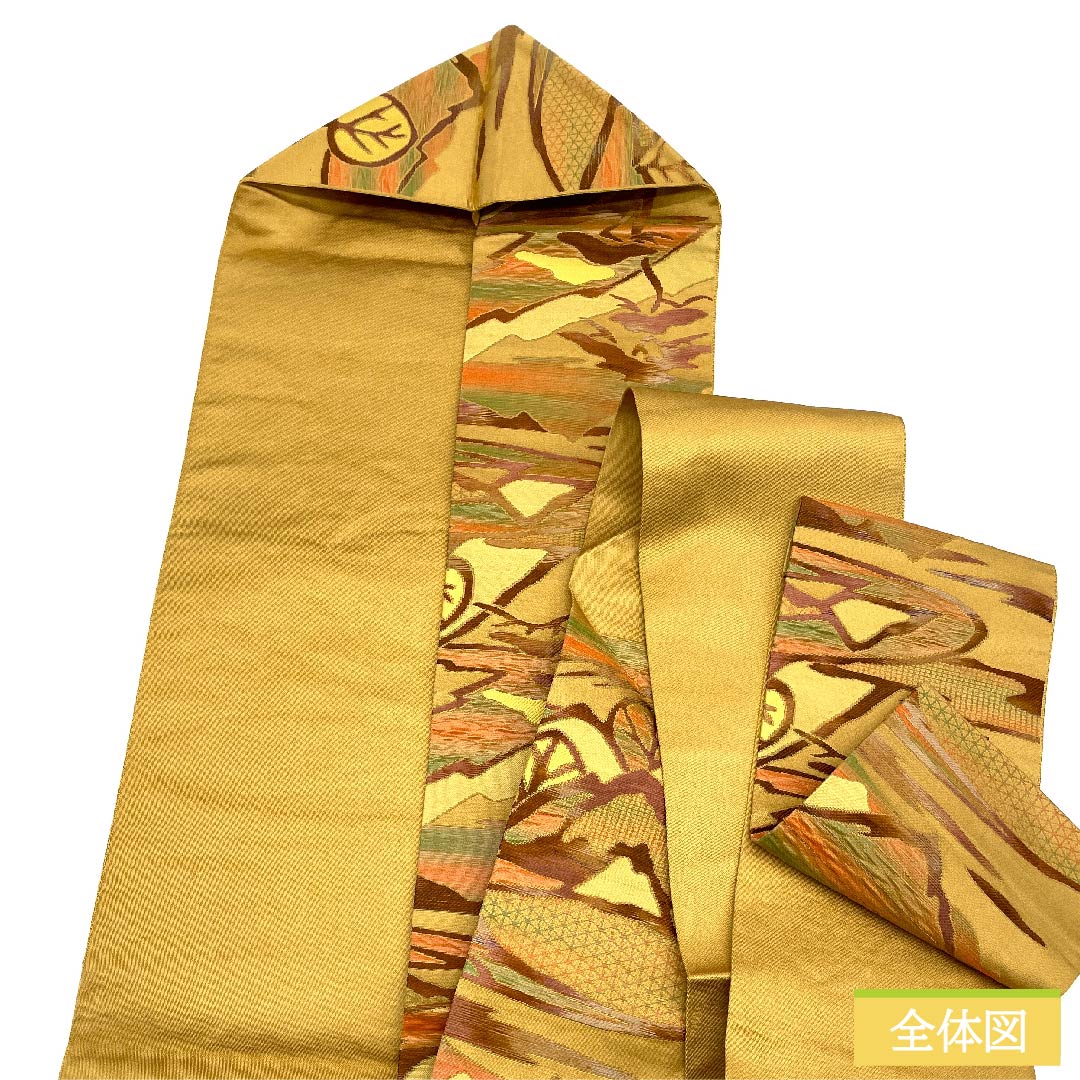 Nagoya obi, earthen cloth color, Toyama, abstract pine, tortoise shell, obi length 354cm, pure silk, S rank, six-pass, casual, yellow, 1124006012323, Nagoya style