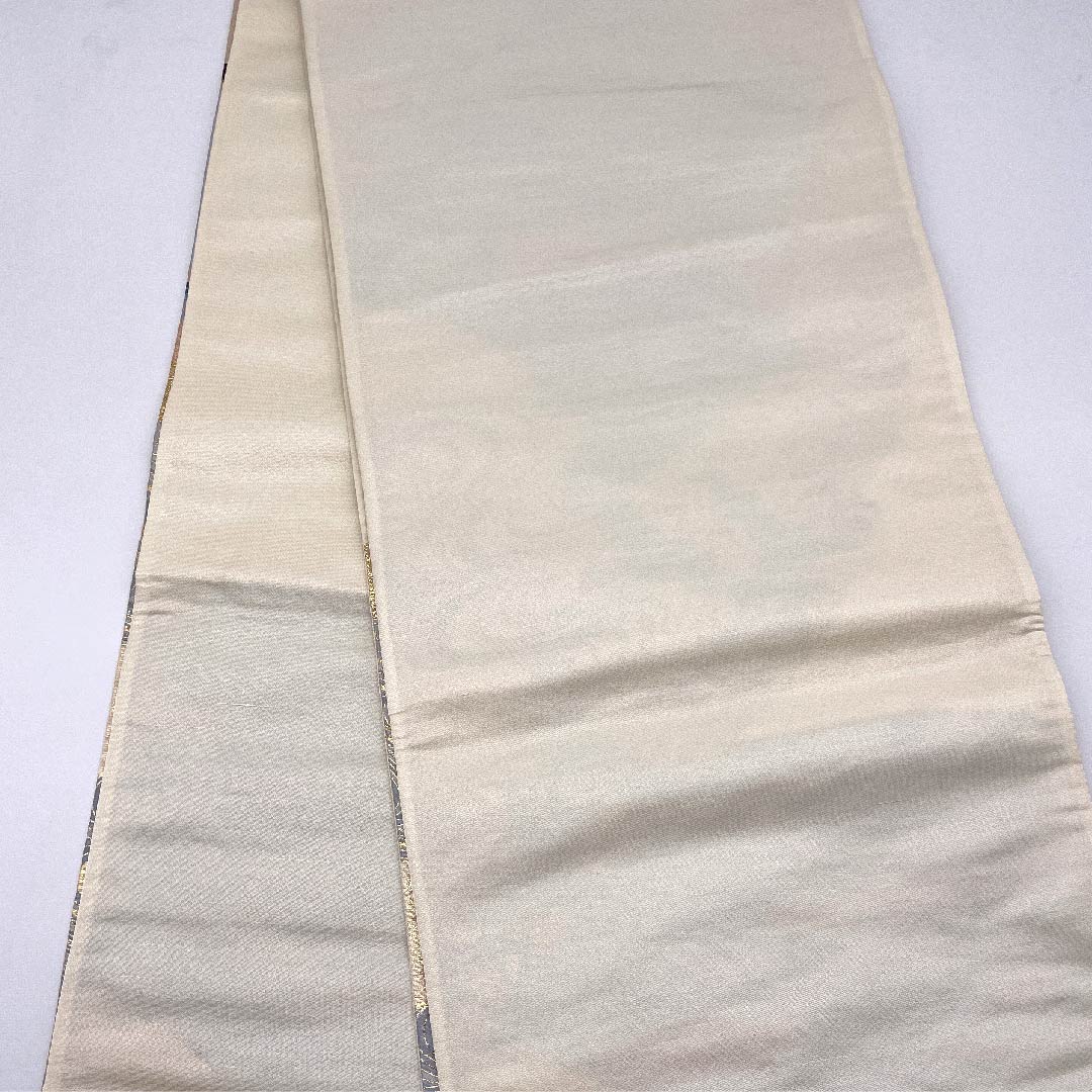 【未仕立】袋帯 正絹 Sランク 純金箔 御所車 扇面 鶴 帯丈433.5cm 六通 フォーマル 金系 1123006022321