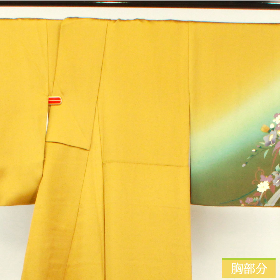 Homongi, pure silk, lined, length 156.5cm, sleeve length 62.5cm, ochre, Kyoto Yuzen, floral pattern, Scotchguard processing, S rank, yellow, 1112004422323