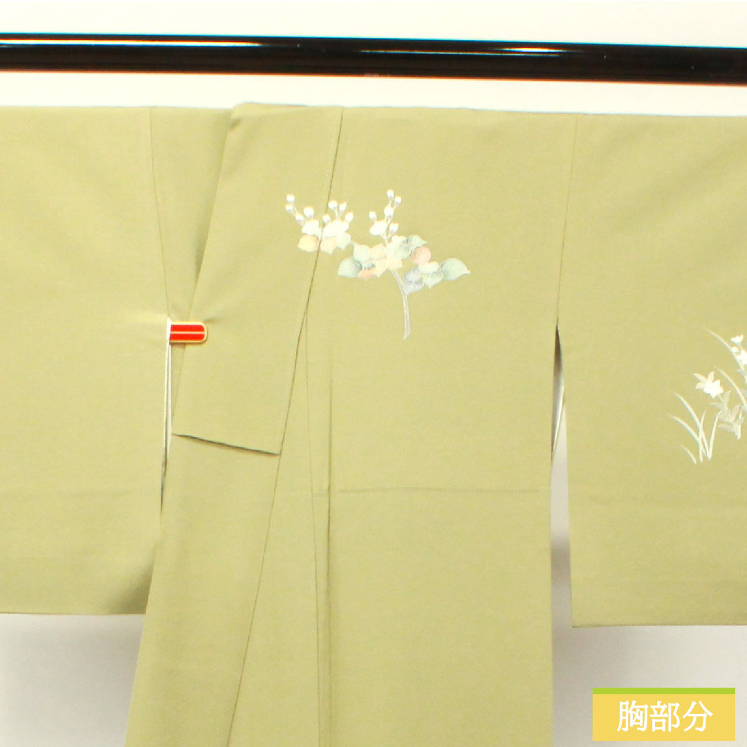 訪問着 正絹 袷 身丈160.5cm 裄丈66cm 利休色 京友禅 草花模様 剣片喰 Sランク 緑系 1112003492419