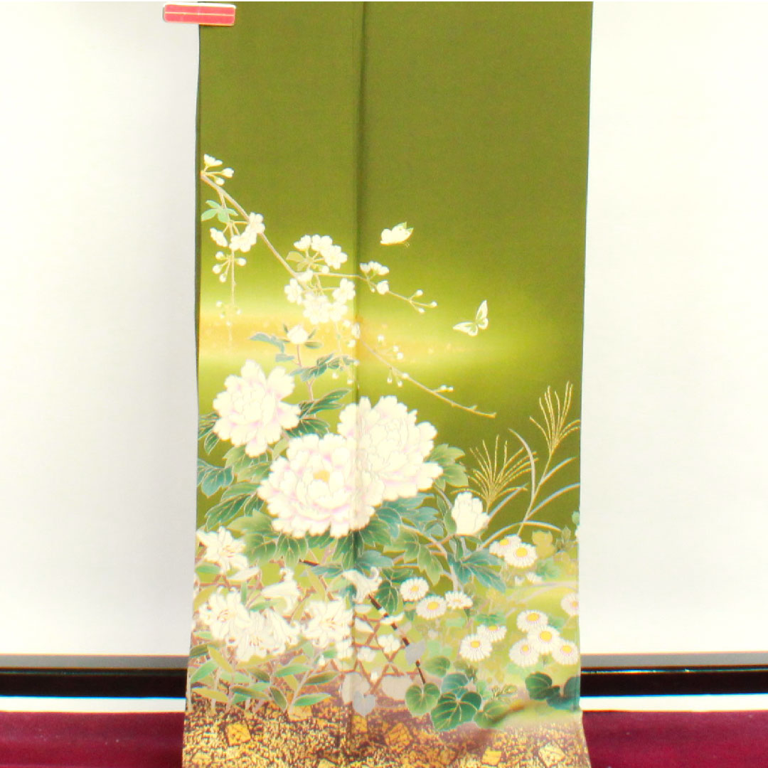 訪問着 袷 身丈169cm 裄丈68cm 柳煤竹色 京友禅 草花模様 正絹 Sランク 緑系 1112001832519