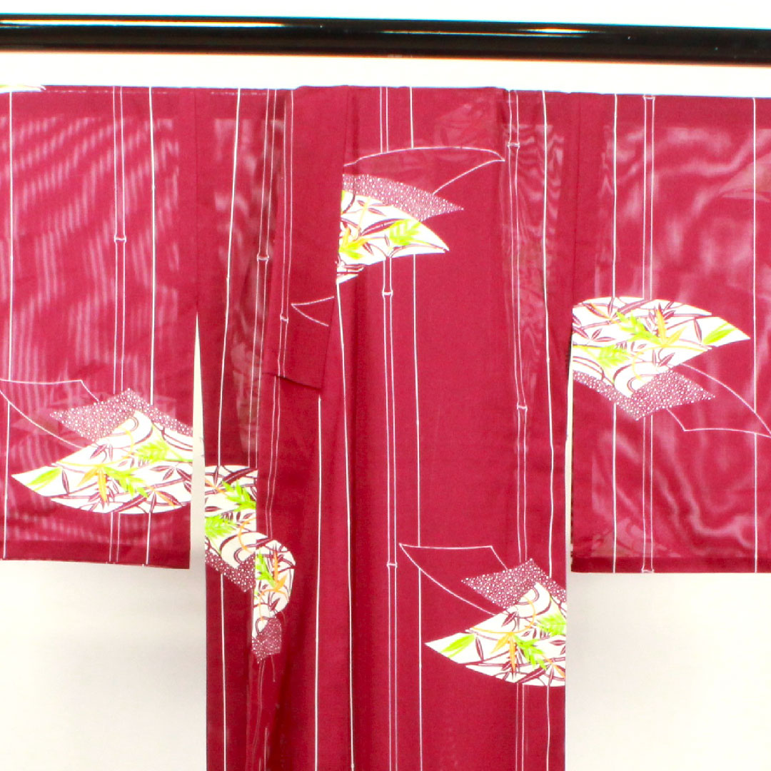 Summer kimono, polyester, small pattern, length 160.5cm, sleeve length 64cm, tsubosumireiro (purple), bamboo, fan surface, washable kimono, silk, S rank, purple, 1132001422420