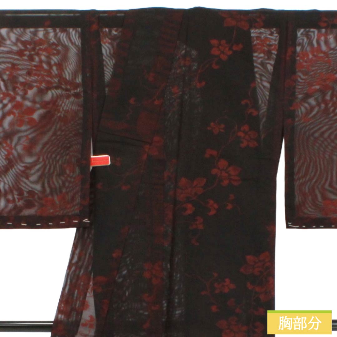 夏物 正絹 お召 Sランク 身丈157.5cm 裄丈64.5cm 海老色(えびいろ) 草花模様 紗 赤系 1132004422312
