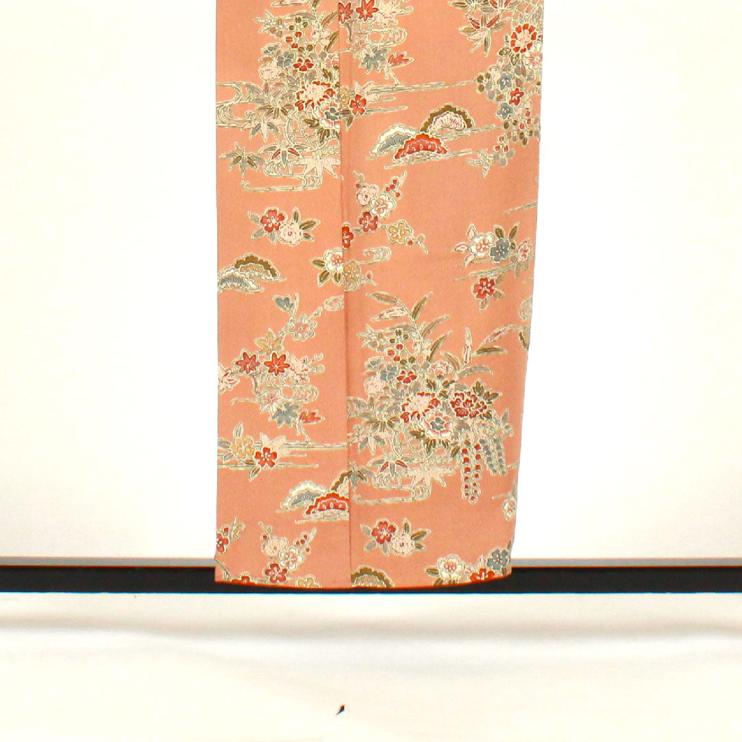 小紋 身丈154cm 裄丈61.5cm 袷 松竹梅 花籠 帛紗付き 正絹 Sランク 茶系 1115002042214