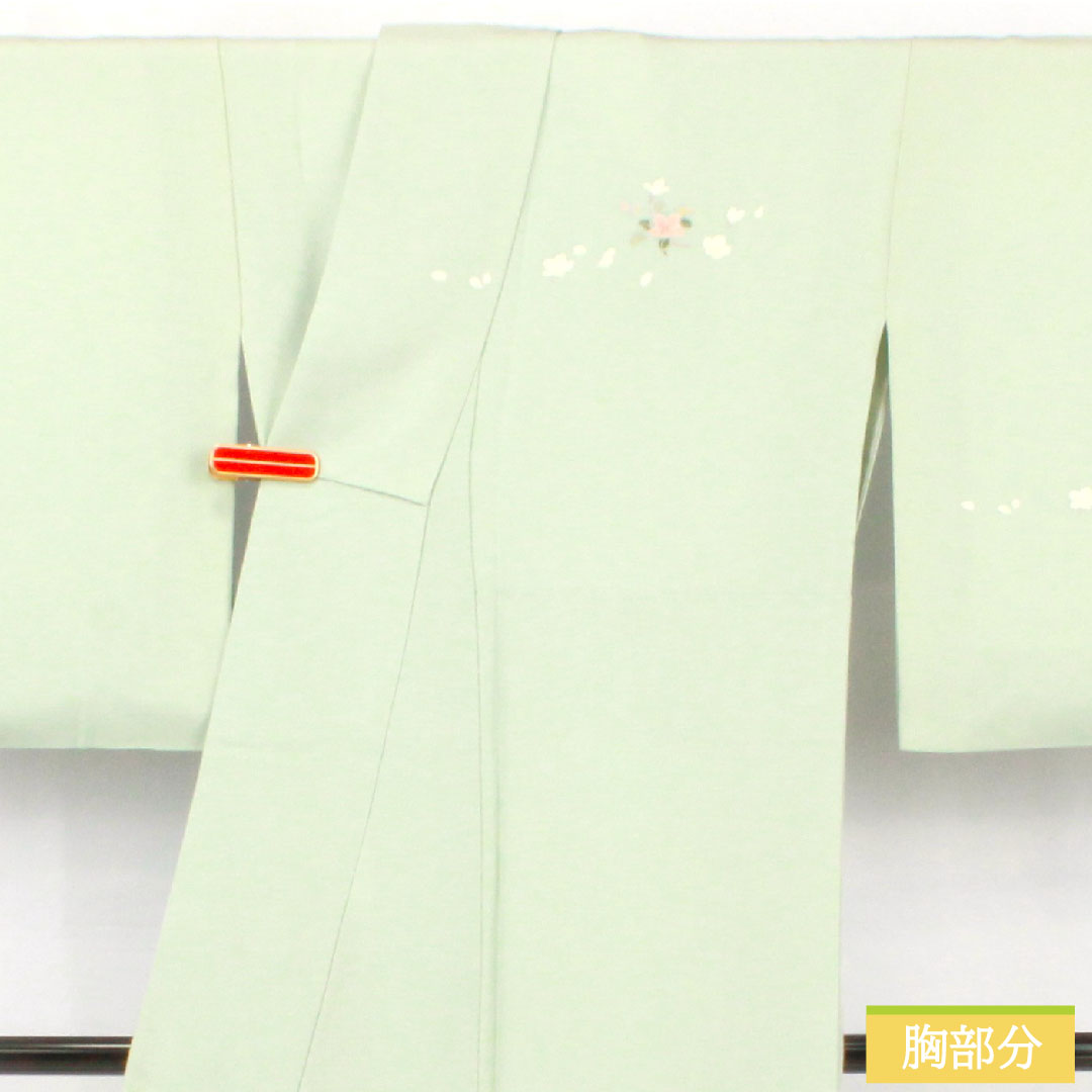 訪問着 正絹 袷 身丈153cm 裄丈65.5cm 秘色(ひそく) 京友禅 桜 椿 菊 スーパーガード加工 Aランク 水色系 1112005503224