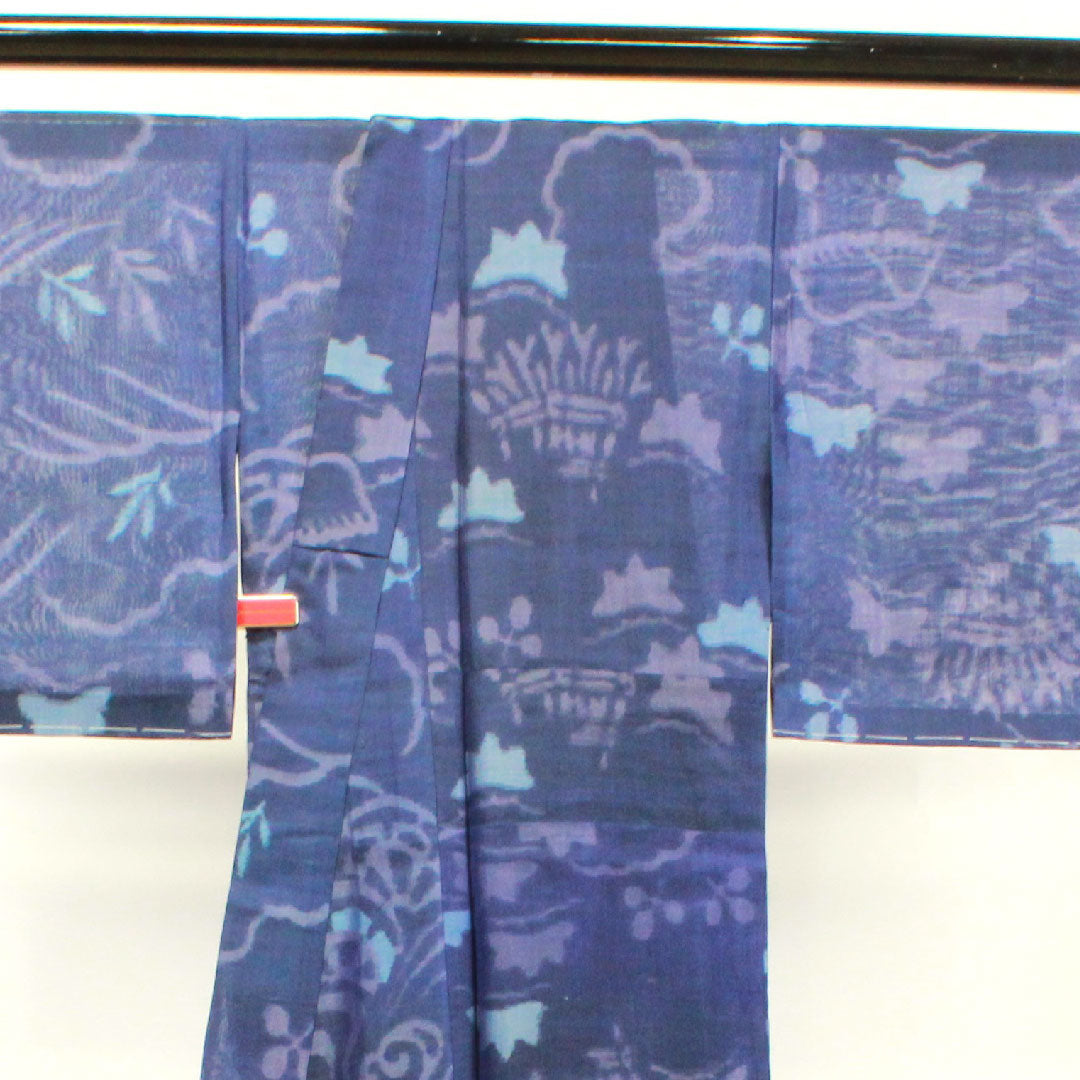夏物 正絹 紬 身丈158cm 裄丈66cm 緋紺色(ひこんいろ) 抽象模様 しつけ糸付き 紗 Aランク 紫系 1132000913320