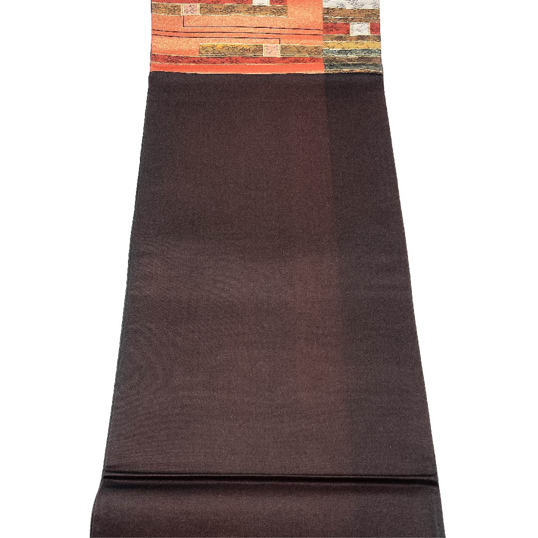 Fukuro obi (sash) in oxblood red with horizontal stripes and geometric patterns, obi length 442cm, pure silk, S rank, six-pass, semi-formal, vermilion, 1123002752316