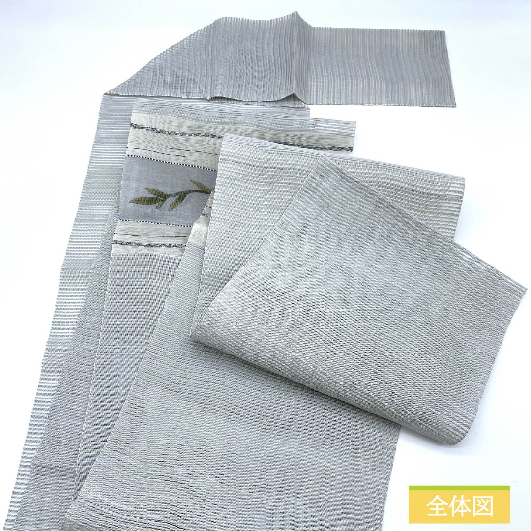 Nagoya obi, pure silk, sky gray, summer obi, vegetable pattern, obi length 373cm, B rank, point pattern, casual, blue, 1124007964317, pine needle style