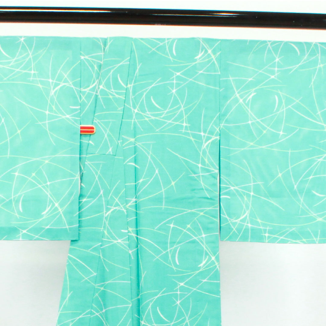 Summer kimono, polyester, small pattern, length 154.5cm, sleeve length 61.5cm, light blue, washable kimono, geometric pattern, silk, S rank, light blue, 1132001722224
