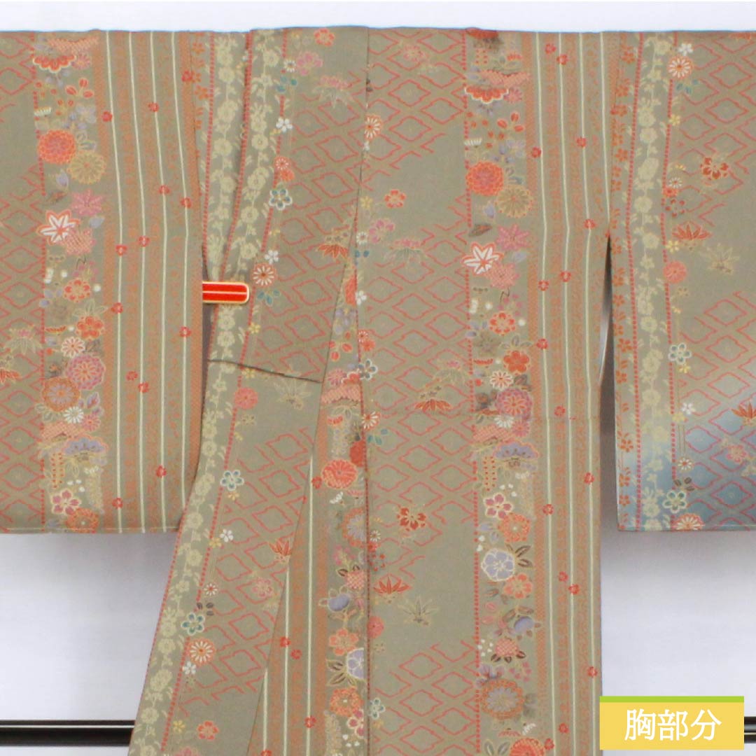 訪問着 正絹 袷 身丈160.5cm 裄丈65.5cm 利休鼠色(りきゅうねずみいろ) 型染 縞 花柄 Sランク グレー系 1112006042422