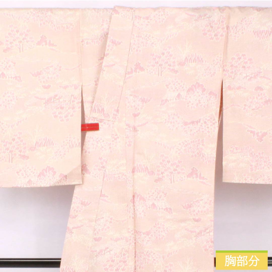 Pure silk tsumugi kimono, length 169.5cm, sleeve length 67cm, light purple (asa-kimono) color, landscape pattern, S rank, single layer, pink, product code 1116003822513