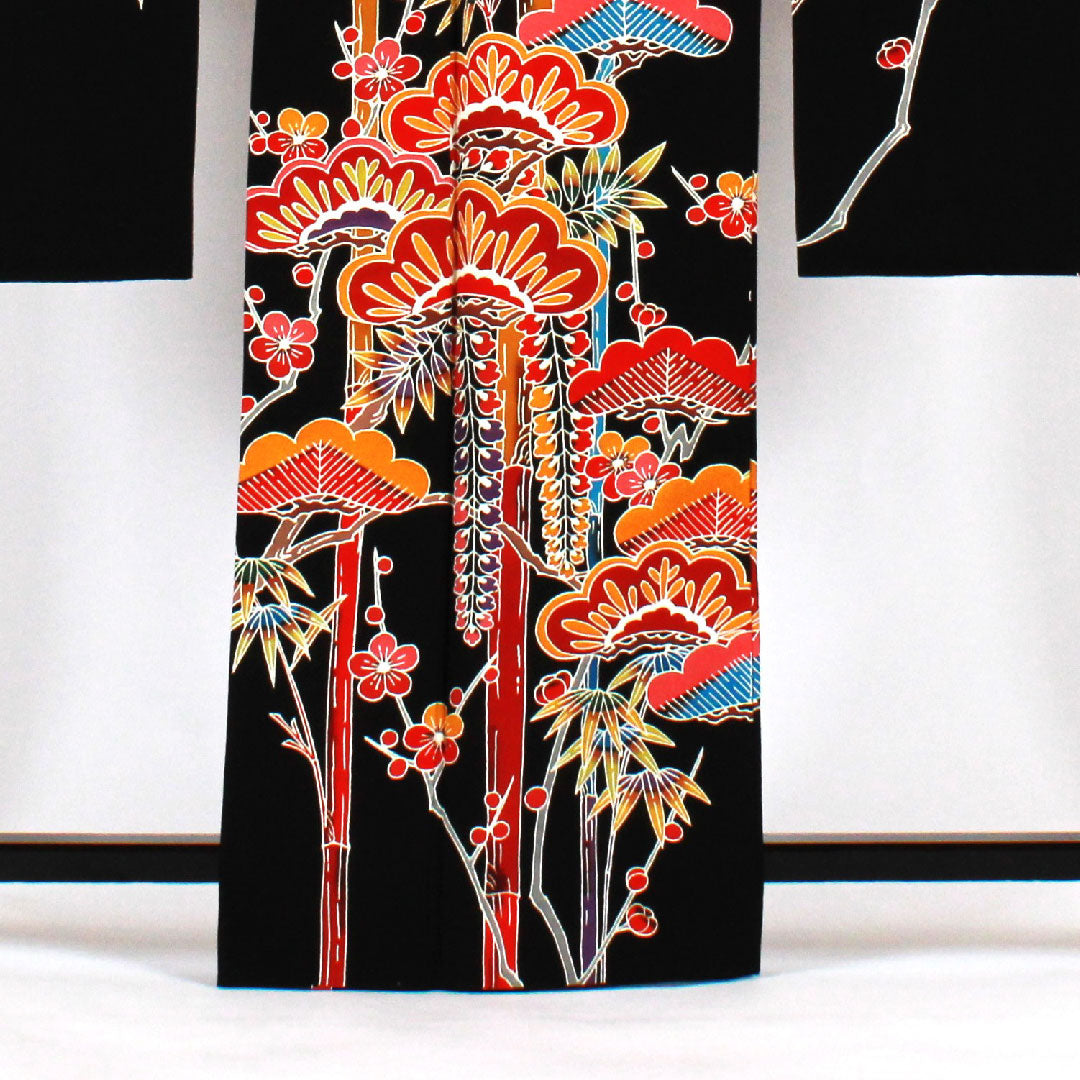 振袖 身丈166cm 裄丈67cm 袷 京紅型 松竹梅模様 正絹 Aランク 黒系 1113000523510