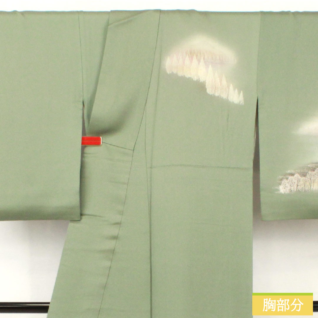 Homongi, pure silk, lined, length 162.5cm, sleeve length 65cm, leaf color on the back, landscape pattern, A rank, green, 1112005853419