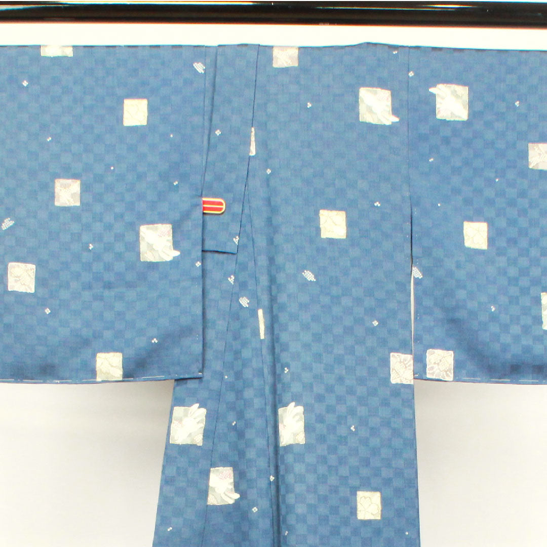 小紋 身丈158.5cm 裄丈62.5cm 袷 裏色 洗える着物 市松 うさぎ 桜 ポリ Sランク 青系 1115003232317