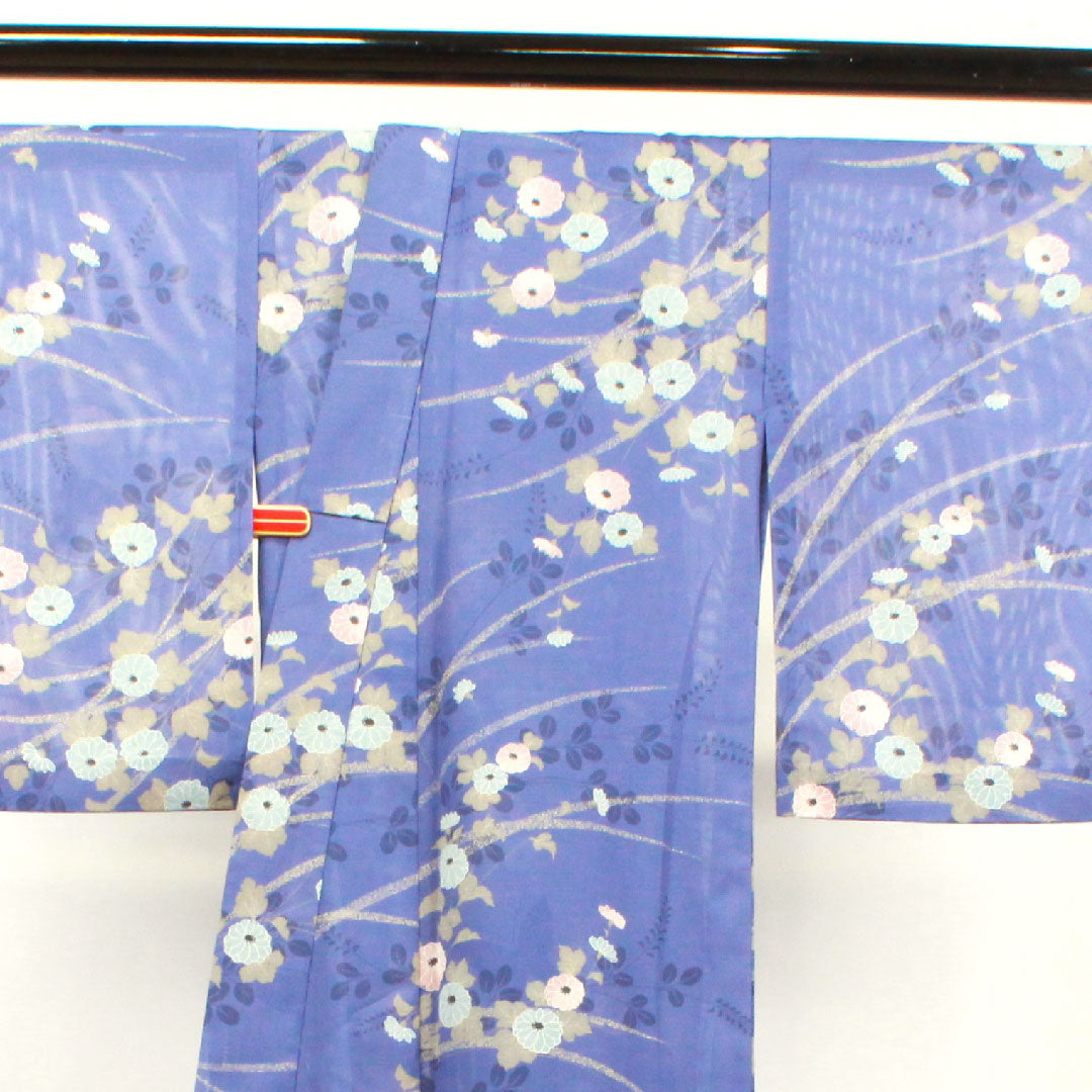 夏物 ポリエステル 小紋 身丈164cm 裄丈64cm 紺藤色(こんふじいろ) 菊 萩 洗える着物 絽 Sランク 青系 1132001742417