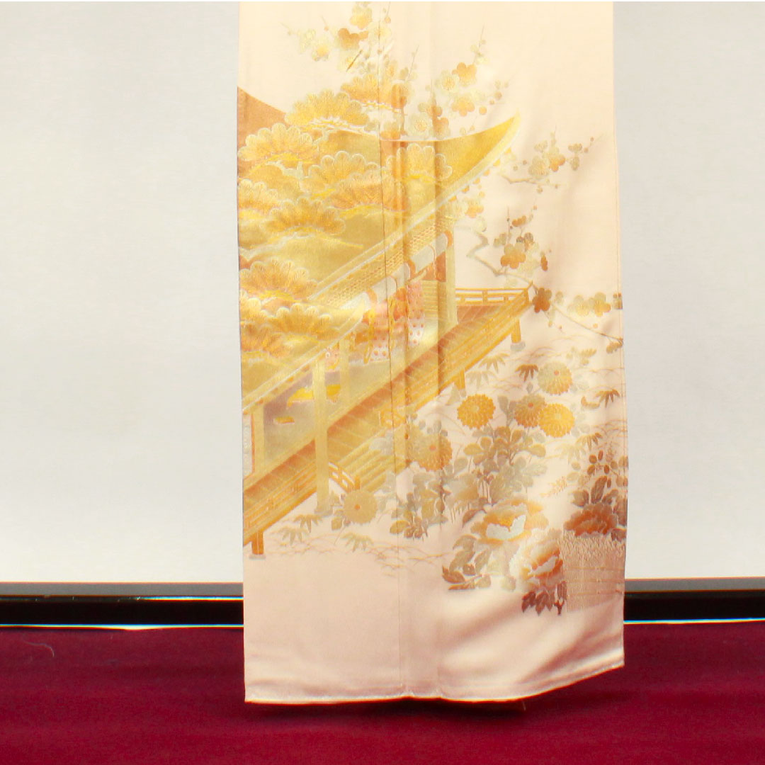 色留袖 身丈161.5cm 裄丈65.5cm 袷 和田光正 金彩友禅 薄肉色 時代風景模様 正絹 Sランク 一つ紋 クリーム系 1111000662415