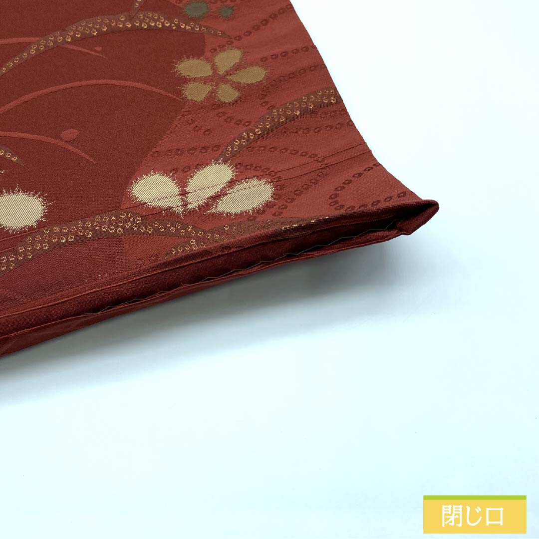 (Kyoto Fukuro Obi) Nagoya Obi, Polyester, Grade A, Copper-Colored (Shakudo-iro), Kyoto Fukuro Obi, Dewgrass, Floral Pattern, Length 364cm, Six-Ply, Casual, Vermilion, 1124010653316, Open-Weave