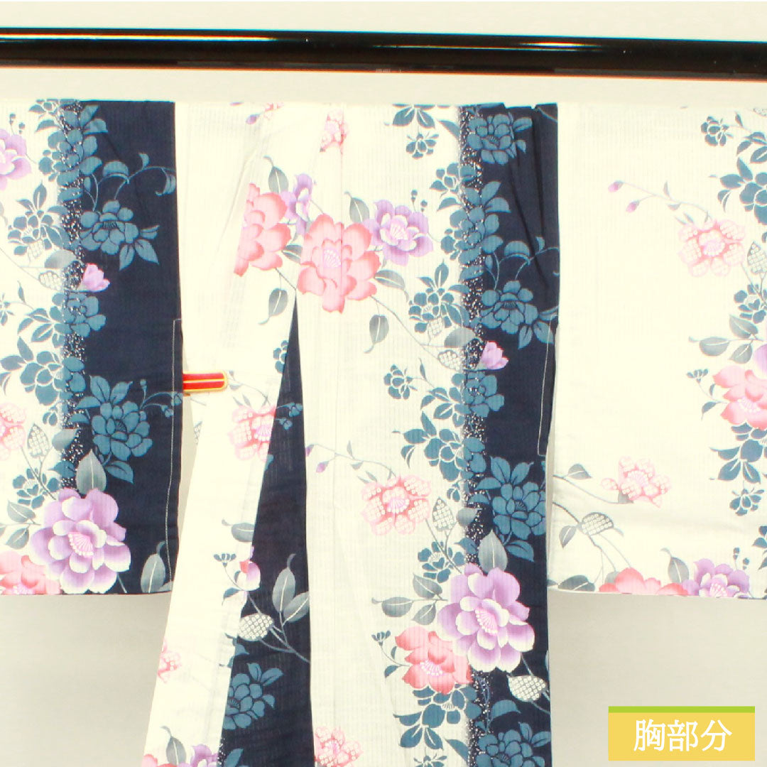 Yukata Cotton Length 166cm Sleeve length 67cm S rank Single layer White Vertical silk Peony 1118004752511