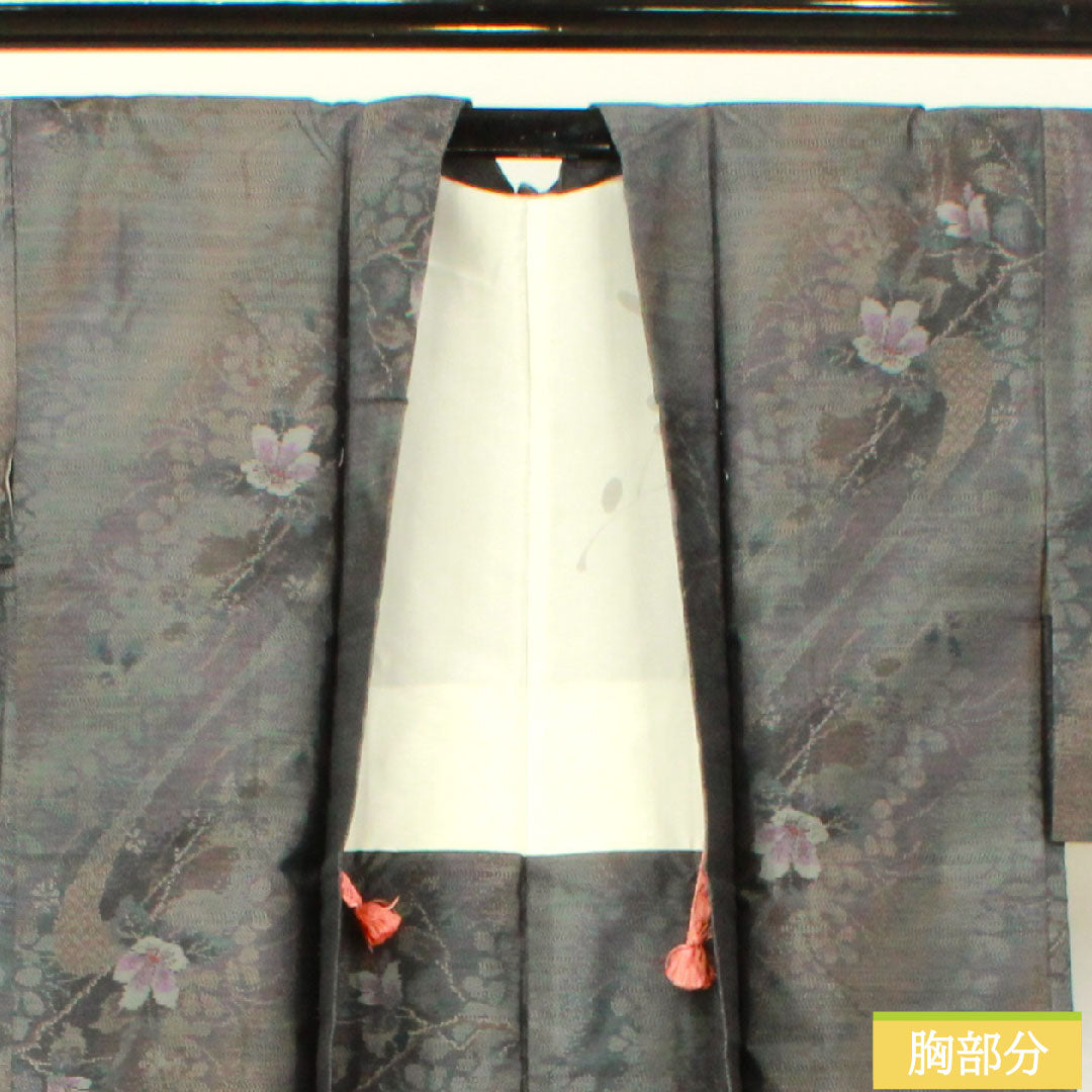 Haori, pure silk, length 80.5cm, sleeve length 63cm, Oshima Tsumugi, weft-total kasuri, floral pattern, S rank, lined, gray, 1117001172922