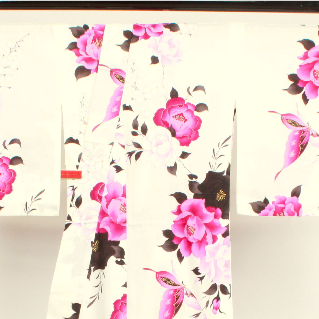浴衣 蝶 薔薇 山本寛斎 Kansai 木綿 Sランク 単衣 身丈162.5cm 裄丈68.5cm 白系 1118001842411