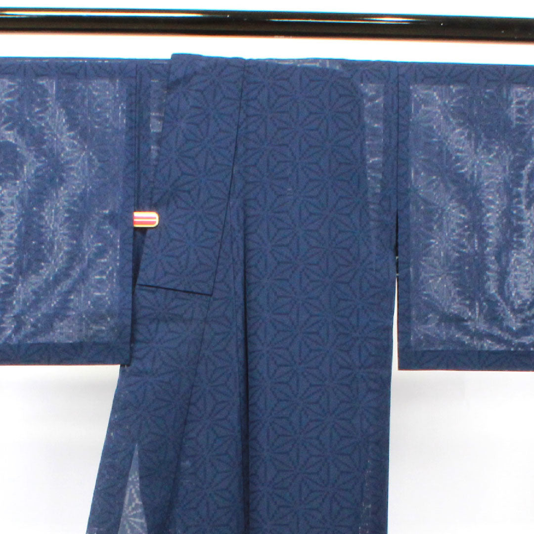 夏物 正絹 色無地 身丈153cm 裄丈64cm 濃紺色(のうこんいろ) 麻の葉 紗 Sランク 紺系 1132000982218