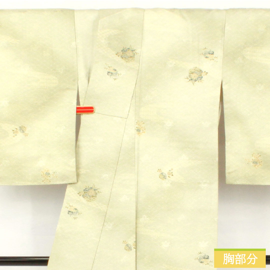 小紋 ポリエステル 身丈157.5cm 裄丈64.5cm 袷 薄緑色(うすみどりいろ) 洗える着物 吉祥文様 しつけ糸付き 未使用品 Sランク 緑系 1115004562319