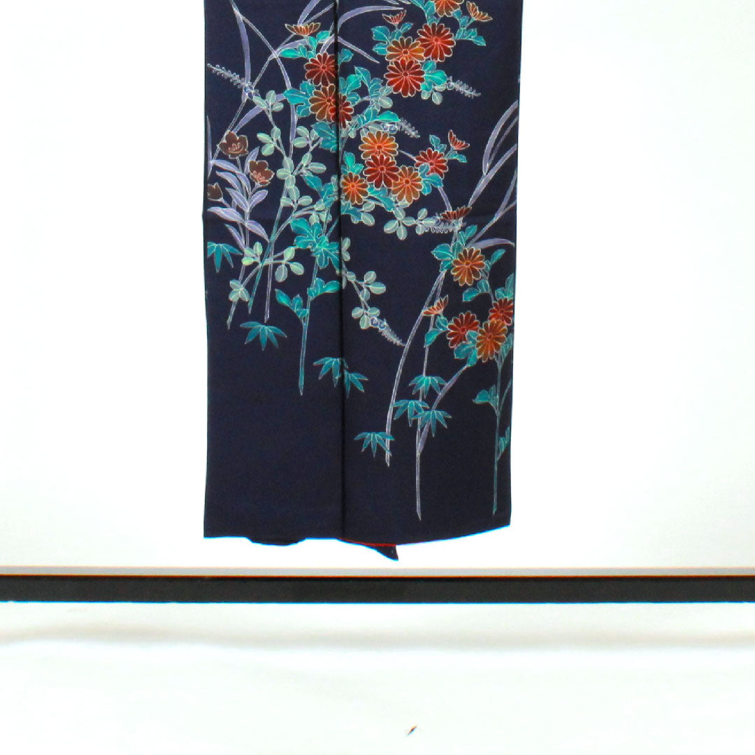訪問着 袷 身丈150cm 裄丈59.5cm 四季の花 正絹 Aランク 紺系 1112001083118