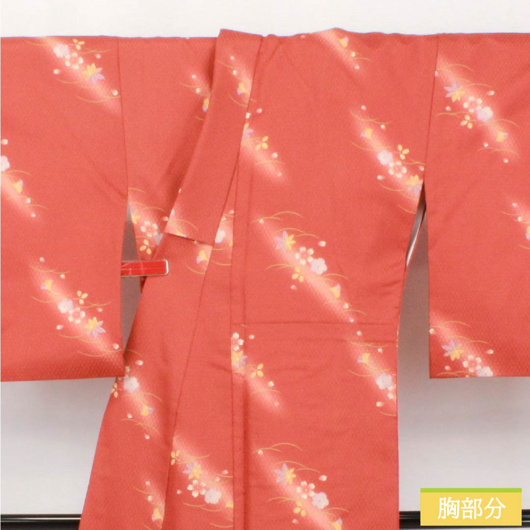 小紋 ポリエステル Sランク 身丈169cm 裄丈68cm 袷 紅唐色(べにとういろ) 小花 洗える着物 赤系 1115006922512