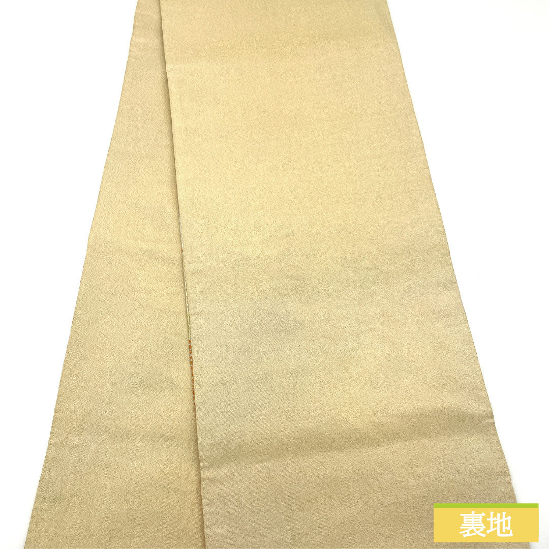 A-Rank Pure Silk Fukuro Obi (Sash) in Sobakiri (Soba-kiri Color) with Nishijin-ori (Karaori) Weave, Facing Cranes and Tortoise Shell Pattern, Length 434cm, Six-Pass, Formal, Beige, Product Number: 1123016063325
