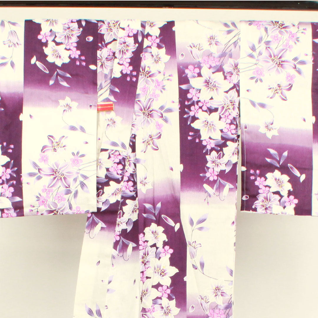 Yukata Checkered Floral Pattern Cotton S Rank Single Layer Length 162cm Sleeve Length 66.5cm White 1118001532411