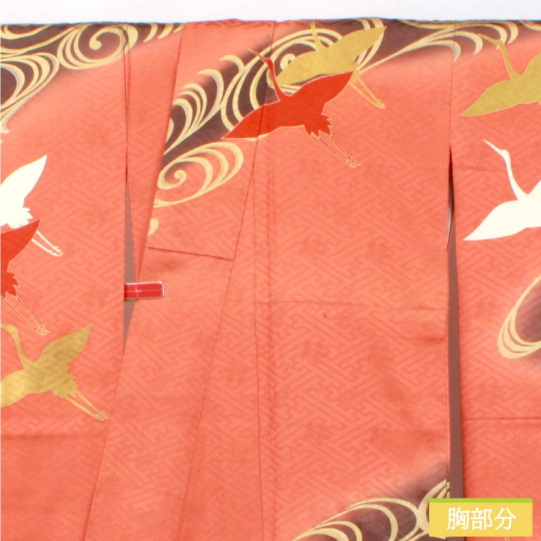 Kimono (Furisode) S Rank, Length 169.5cm, Sleeve-to-sleeve 65cm, Lined, Pomegranate Red (Ryūhohahon-iro), Kyo-Yuzen, Plant-dye Yuzen, Cranes, Flowing Water, Rinzu Fabric, Orange Family, 1113002562526